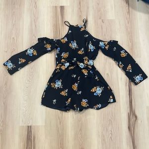 Black floral romper with matching print belt